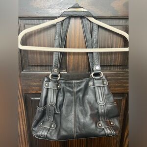 Tignanello Shoulder Black Pebble Leather Handbag Magnetic Snap Closure
